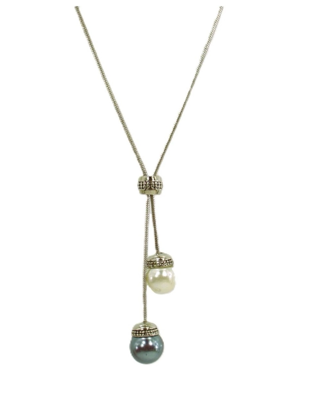 Pearl lariat necklace with white and gray round pearls on a silver snake chain